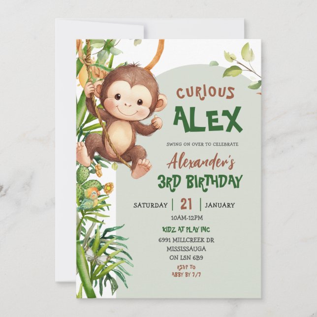 Invitación Green Curious Monkey Safari Theme Birthday (Anverso)