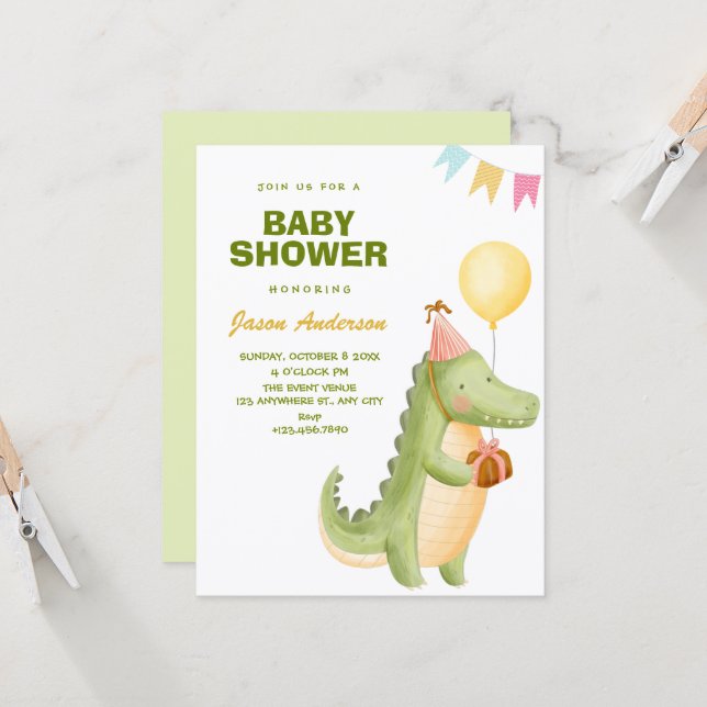Invitación Green cute crocodile baby shower (Anverso/Reverso In Situ)