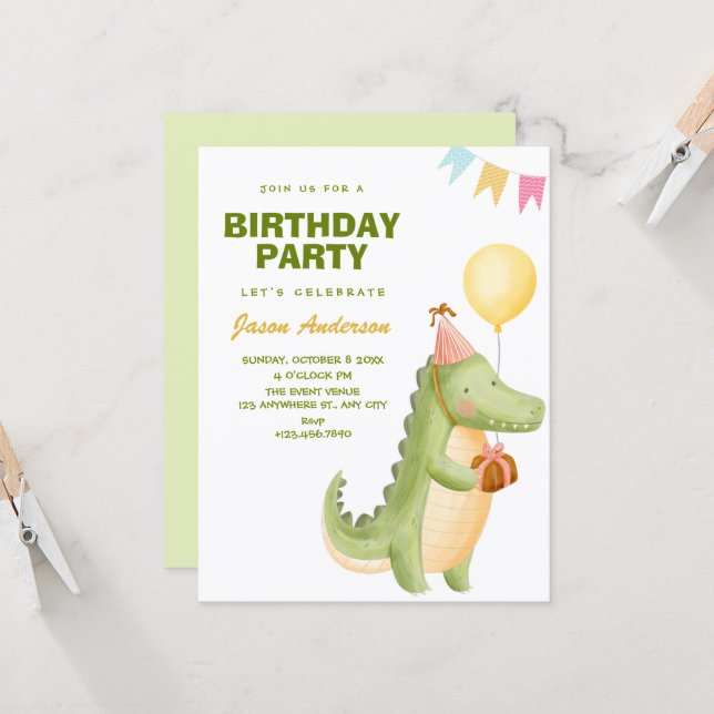 Invitación Green cute crocodile birthday (Anverso/Reverso In Situ)