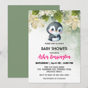 Invitación Green Cute dulce pingüino flor bebé ducha niños