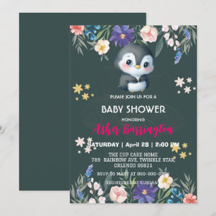 Invitación Green Cute dulce pingüino flor bebé ducha niños