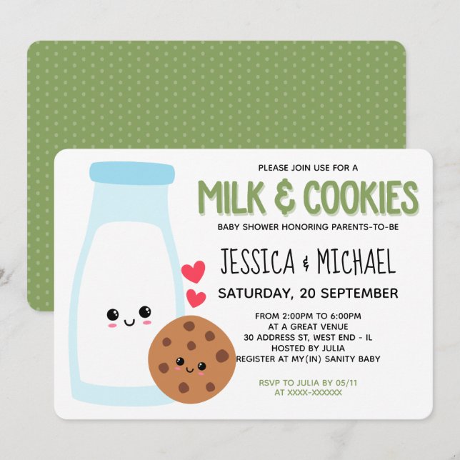 Invitación Green Cute Kawaii Leche Y Cookies Baby Shower (Anverso / Reverso)