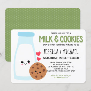Invitación Green Cute Kawaii Leche Y Cookies Baby Shower