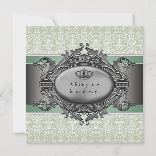 Invitación Green Damask Crown Little Prince Boy Baby Shower (Anverso)