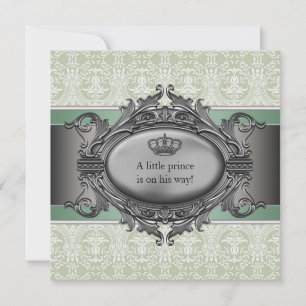 Invitación Green Damask Crown Little Prince Boy Baby Shower