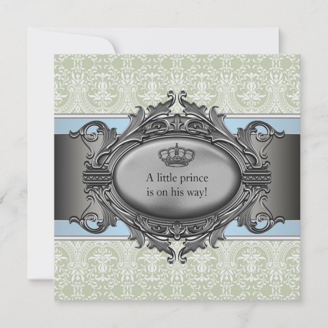 Invitación Green Damask Crown Little Prince Boy Baby Shower (Anverso)