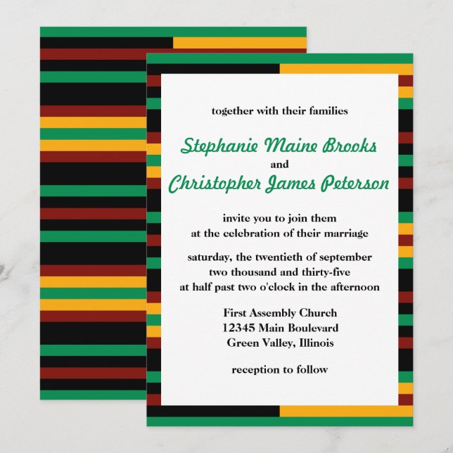 Invitación Green, Dark Red, Yellow Kente Clopes (Anverso / Reverso)