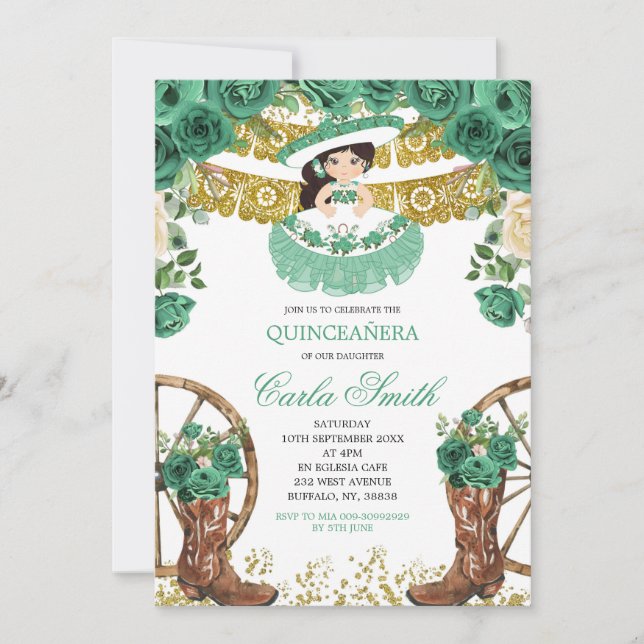 Invitación Green de Esmeralda y Charra de Oro Mis Quince (Anverso)