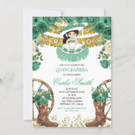 Invitación Green de Esmeralda y Charra de Oro Mis Quince