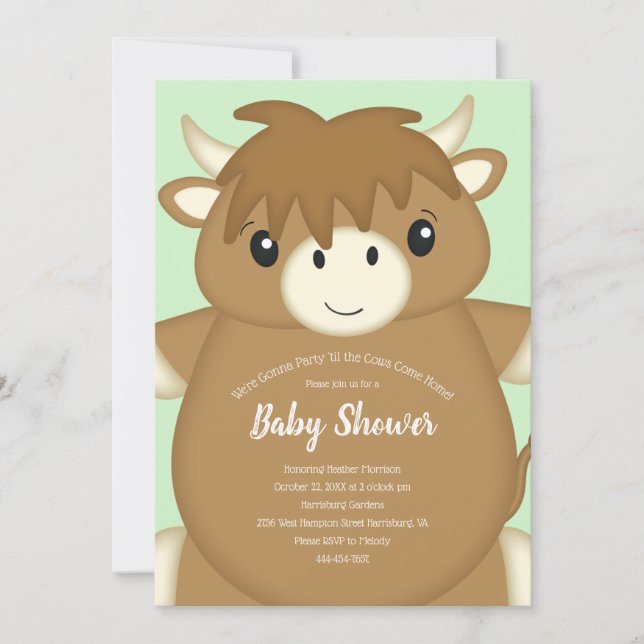 Invitación Green de la vaca escocesa Baby Shower (Anverso)