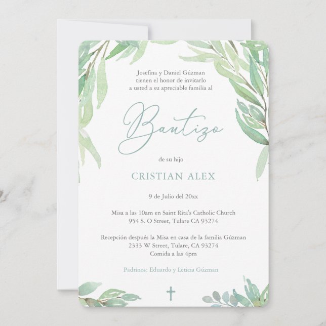 Invitación Green deja bautizo español, bautizo de niño verde (Anverso)
