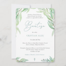 Invitación Green deja bautizo español, bautizo de niño verde