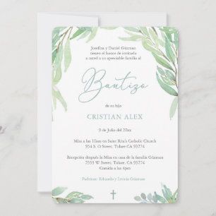 Invitación Green deja bautizo español, bautizo de niño verde