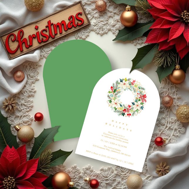 Invitación Green Delicate Chic Winter Christmas Wreath Party (Delicate Chic Winter Christmas Wreath Holiday Party Invitations Cards in Digital Watercolor Style.)