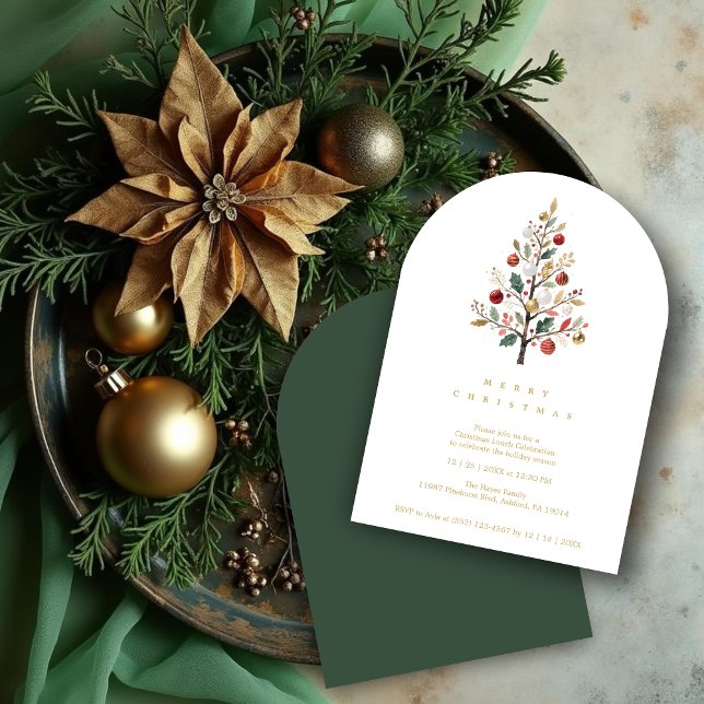 Invitación Green Delicate Simple Chic Winter Christmas Tree (Green Minimalist Chic Winter Christmas Tree Holiday Party Invitations Cards in  Watercolor Style.)