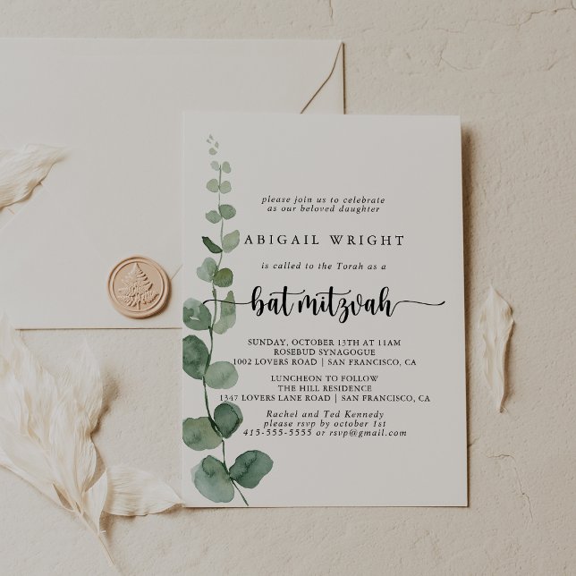Invitación Green Delight Eucalyptus Calligraphy Bat Mitzvah (Subido por el creador)