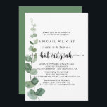 Invitación Green Delight Eucalyptus Calligraphy Bat Mitzvah<br><div class="desc">Esta deliciosa invitación al murciélago mitzvah con caligrafía de eucalipto verde es perfecta para un simple mitzvah de murciélago. El diseño presenta una acuarela de hojas y ramas de eucaliptos botánicos elegantes dibujadas a mano.</div>