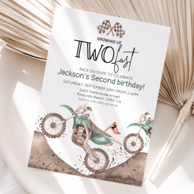 Invitación Green Dirt Bike 2nd birthday - Growing up two fast (Green dirt bike growing up two fast, watercolor birthday invitation)