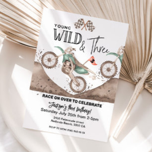 Invitación Green Dirt Bike 3º cumpleaños Young WILD y TRES