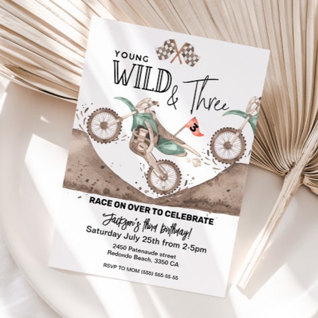 Invitación Green Dirt Bike 3º cumpleaños Young WILD y TRES (Young WILD and THREE dirt bike invitation, green dirt bike party)