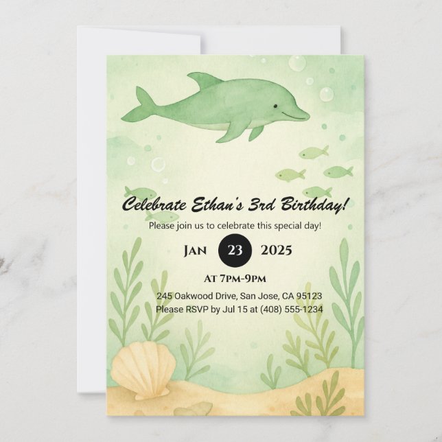 Invitación Green Dolphin & Undersea Garden Birthday  (Anverso)
