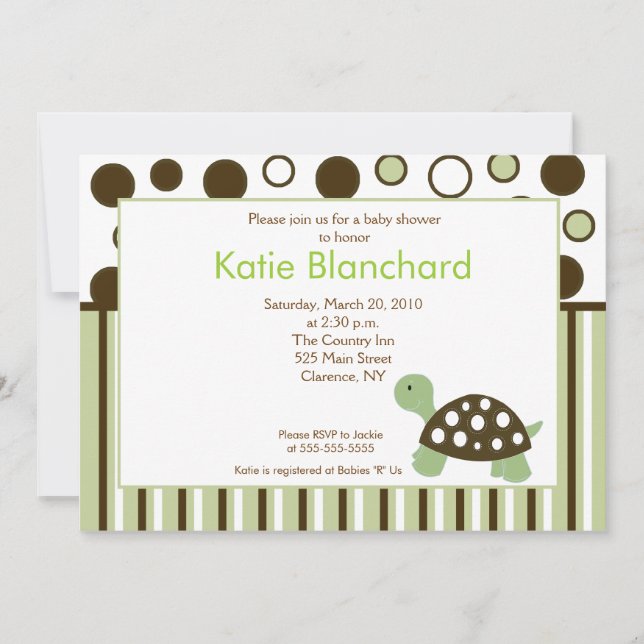 Invitación Green Dot Mod Turtle Trendy 5x7 Baby Shower (Anverso)
