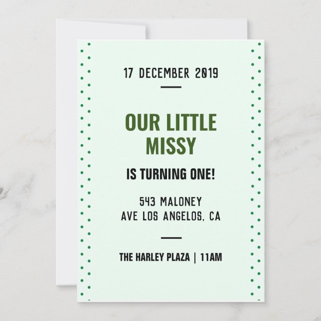 Invitación Green Dots Simple Calligraphy 1er cumpleaños (Anverso)