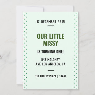Invitación Green Dots Simple Calligraphy 1er cumpleaños