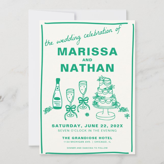 Invitación Green Drawn Together with Photo Wedding Invitation (Anverso)