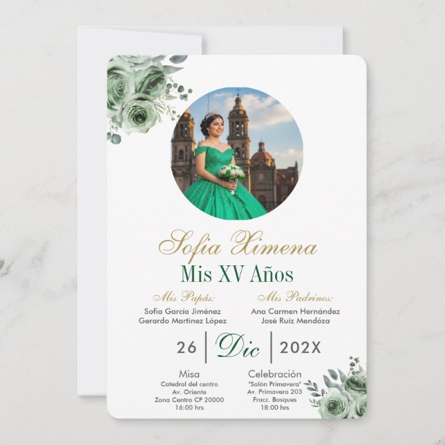 Invitación Green elegant dress Quinceañera Invitation (Anverso)