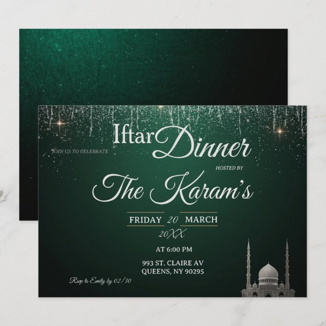 Invitación Green Elegant Mosque Ramadan Iftar Party  Invit (Anverso / Reverso)