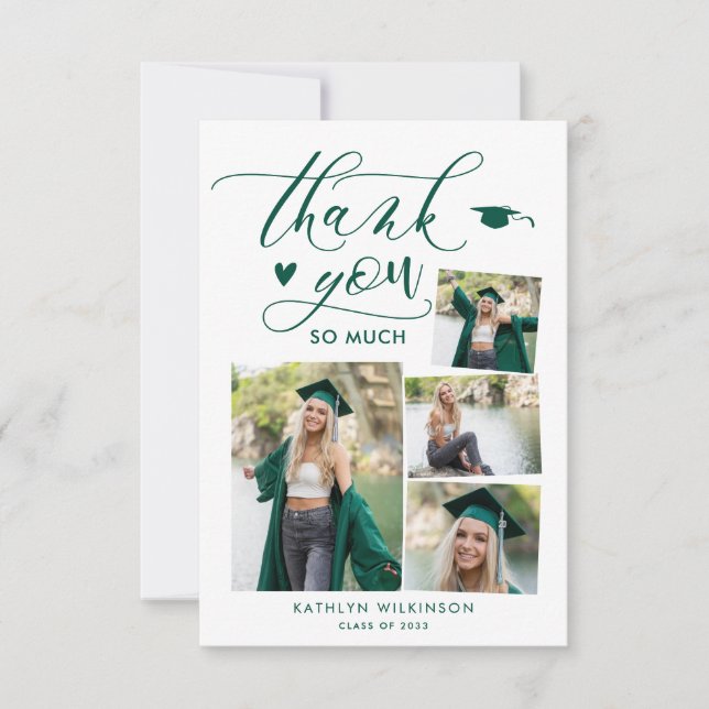 Invitación Green Elegant Script 4 Photo Graduation Gracias (Anverso)
