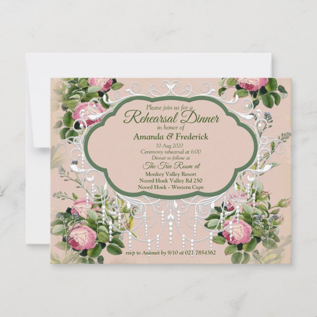 Invitación Green en el jardín - cena de ensayo de rosas rosas (Anverso)