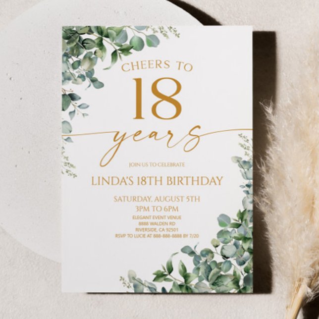Invitación Green Eucalyptus Gold 18th Birthday Party (Subido por el creador)
