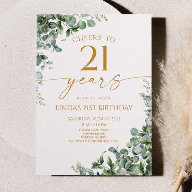 Invitación Green Eucalyptus Gold 21st Birthday Party (Subido por el creador)