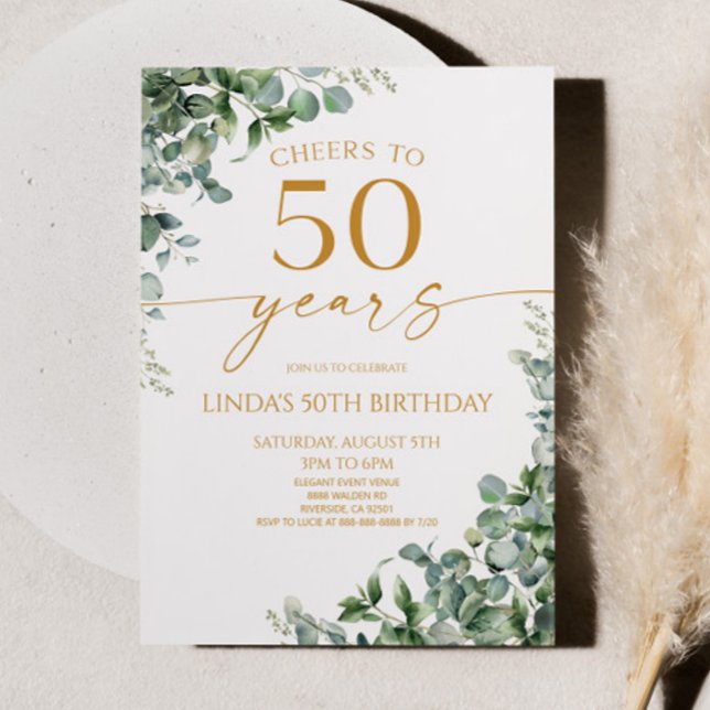 Invitación Green Eucalyptus Gold 50th Birthday Party (Subido por el creador)