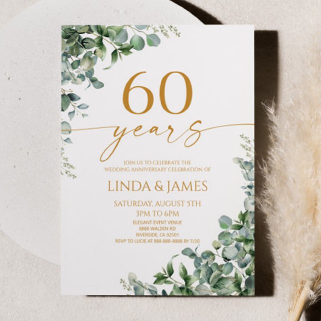 Invitación Green Eucalyptus Gold 60th Wedding Anniversary (Subido por el creador)