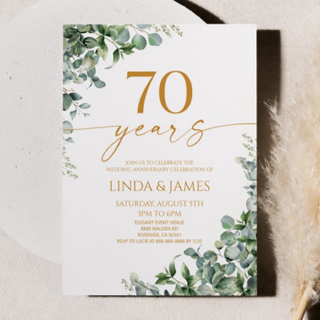 Invitación Green Eucalyptus Gold 70th Wedding Anniversary (Subido por el creador)