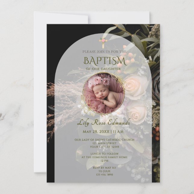 Invitación Green Fall Floral Baptism  (Anverso)