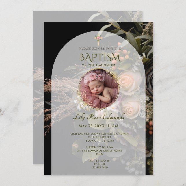 Invitación Green Fall Floral Baptism  (Anverso / Reverso)
