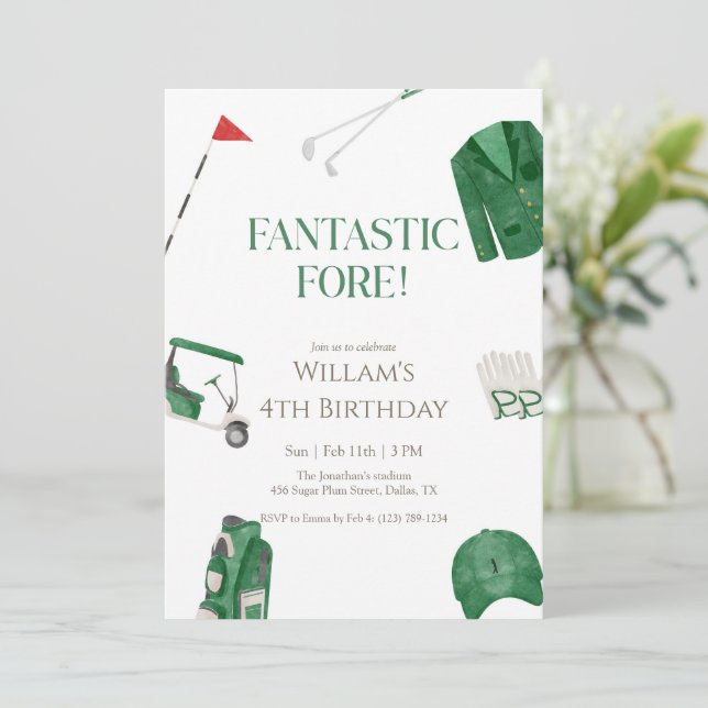 Invitación Green Fantastic Fore Preppy Golf Kids Birthday (Anverso de pie)
