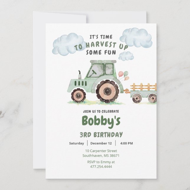 Invitación Green Farm Tractor Boys Any Age Birday (Anverso)