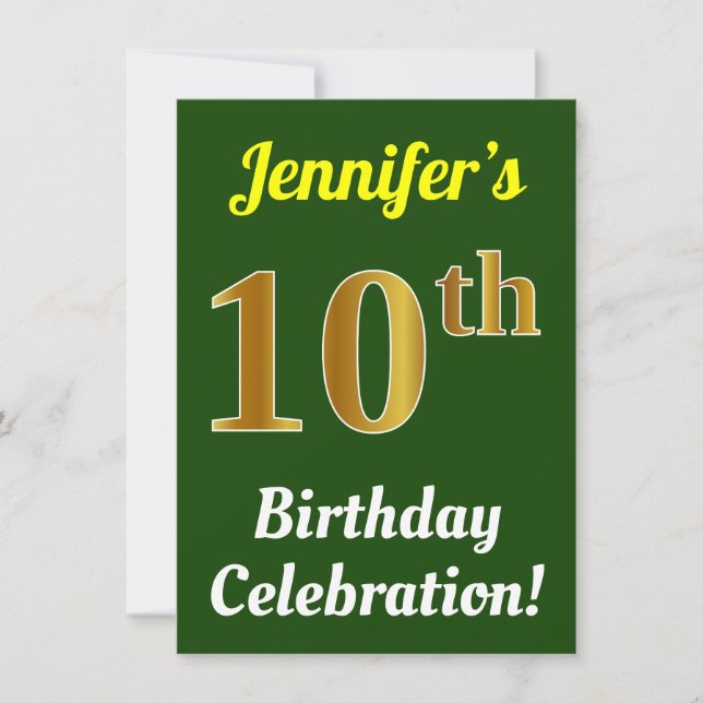 Invitación Green, Faux Gold 10th Birthday Celebration + Name (Anverso)