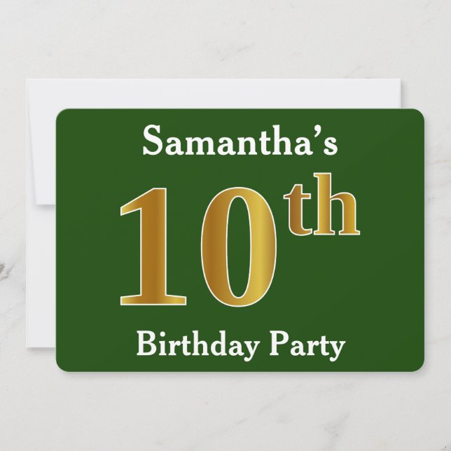 Invitación Green, Faux Gold 10th Birthday Party + Custom Name (Anverso)