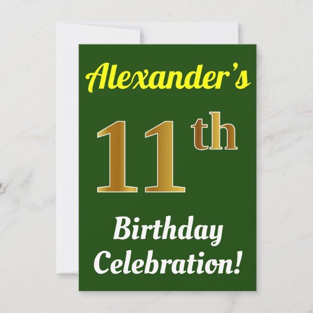 Invitación Green, Faux Gold 11th Birthday Celebration + Name (Anverso)
