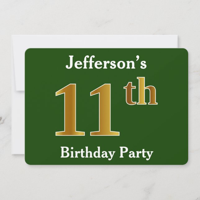 Invitación Green, Faux Gold 11th Birthday Party + Custom Name (Anverso)