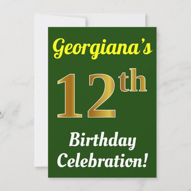 Invitación Green, Faux Gold 12th Birthday Celebration + Name (Anverso)