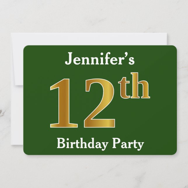 Invitación Green, Faux Gold 12th Birthday Party + Custom Name (Anverso)