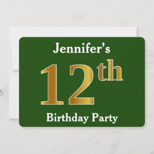 Invitación Green, Faux Gold 12th Birthday Party + Custom Name