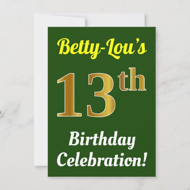 Invitación Green, Faux Gold 13th Birthday Celebration + Name (Anverso)